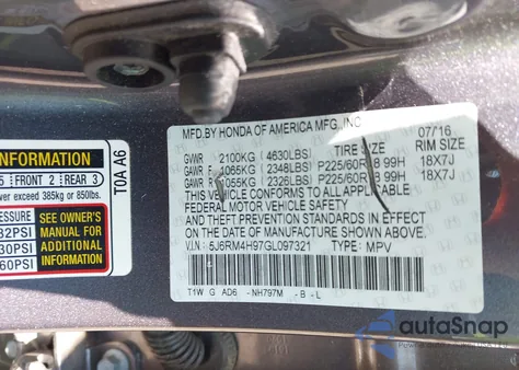 2016 Honda Cr-V Touring z USA, uszkodzony, nr VIN 5J6RM4H97GL097321